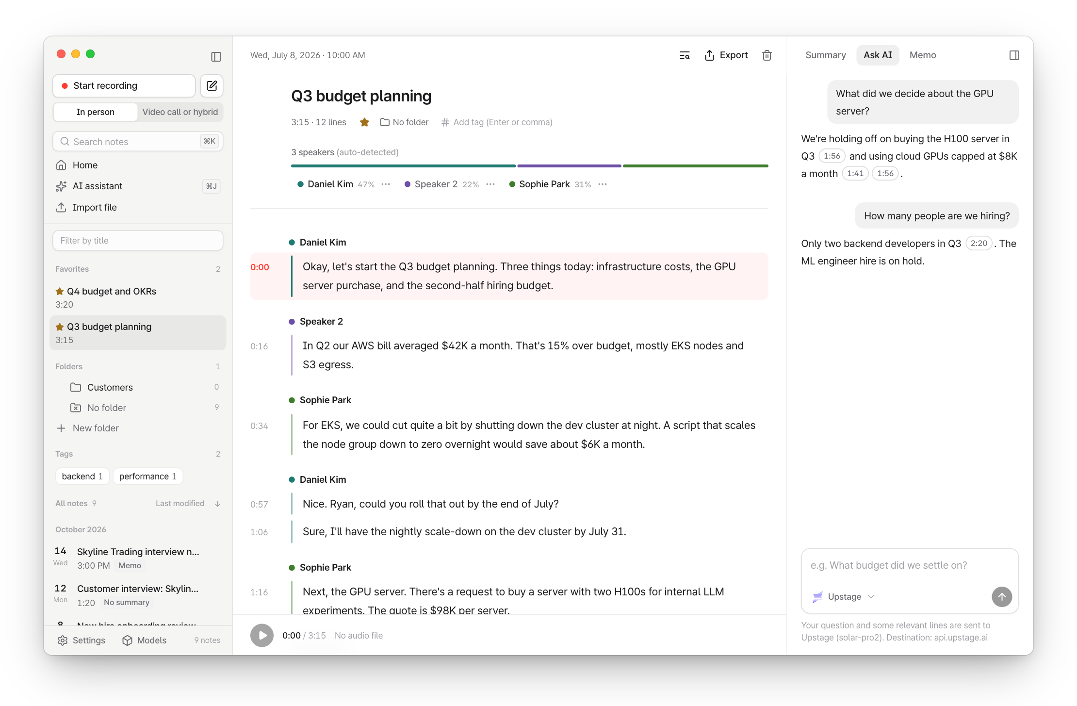 Ask AI in Tractus: an answer with citations to moments in the meeting