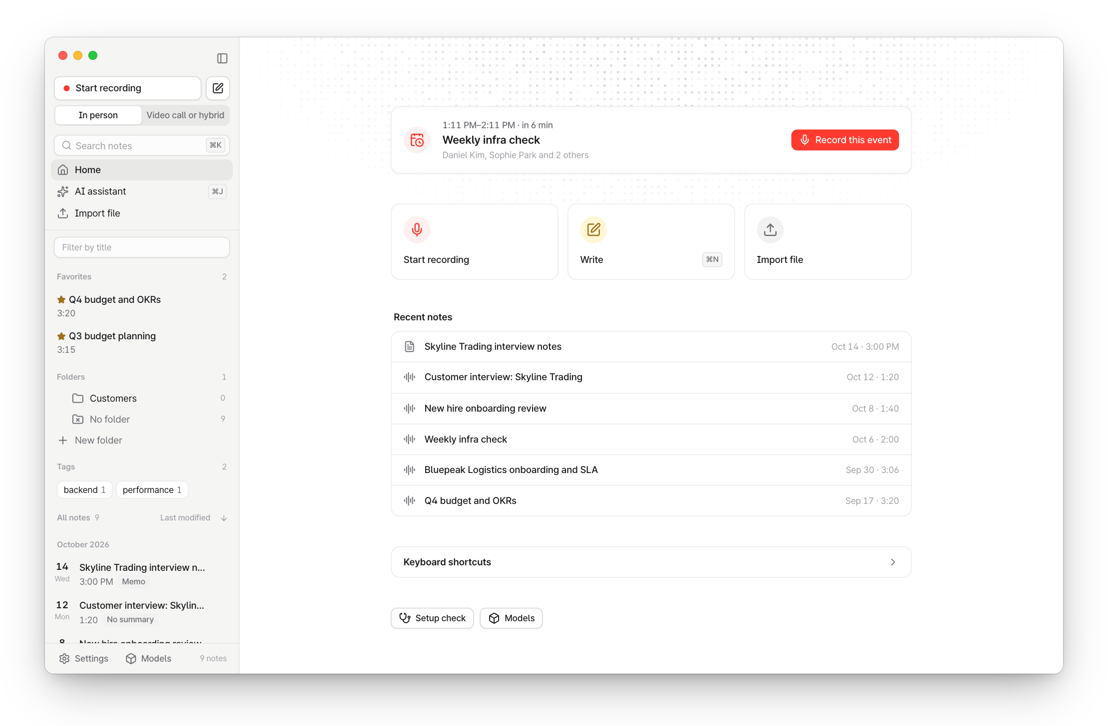 Tractus home: quick actions, an upcoming calendar event and recent notes