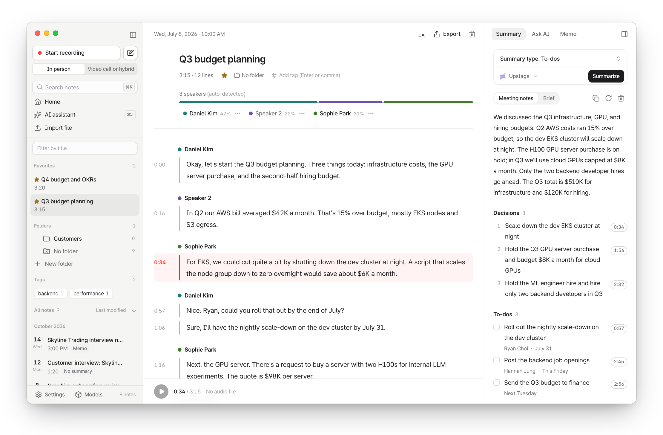 A note in Tractus: transcript grouped by speaker next to a summary with timestamps